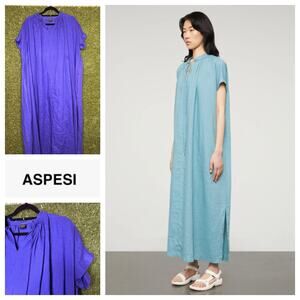 Aspesi‎ Linen Maxi Dress Blue V-Neckline Relaxed Fit Casual Summer Size S Small